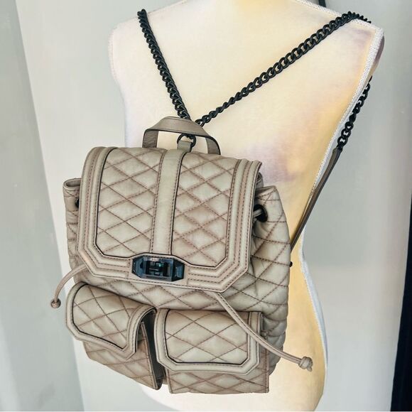 REBECCA MINKOFF QUILTED LOVE LEATHER BACKPACK PURSE,‎ Tan/Gray, Luxury main image 9